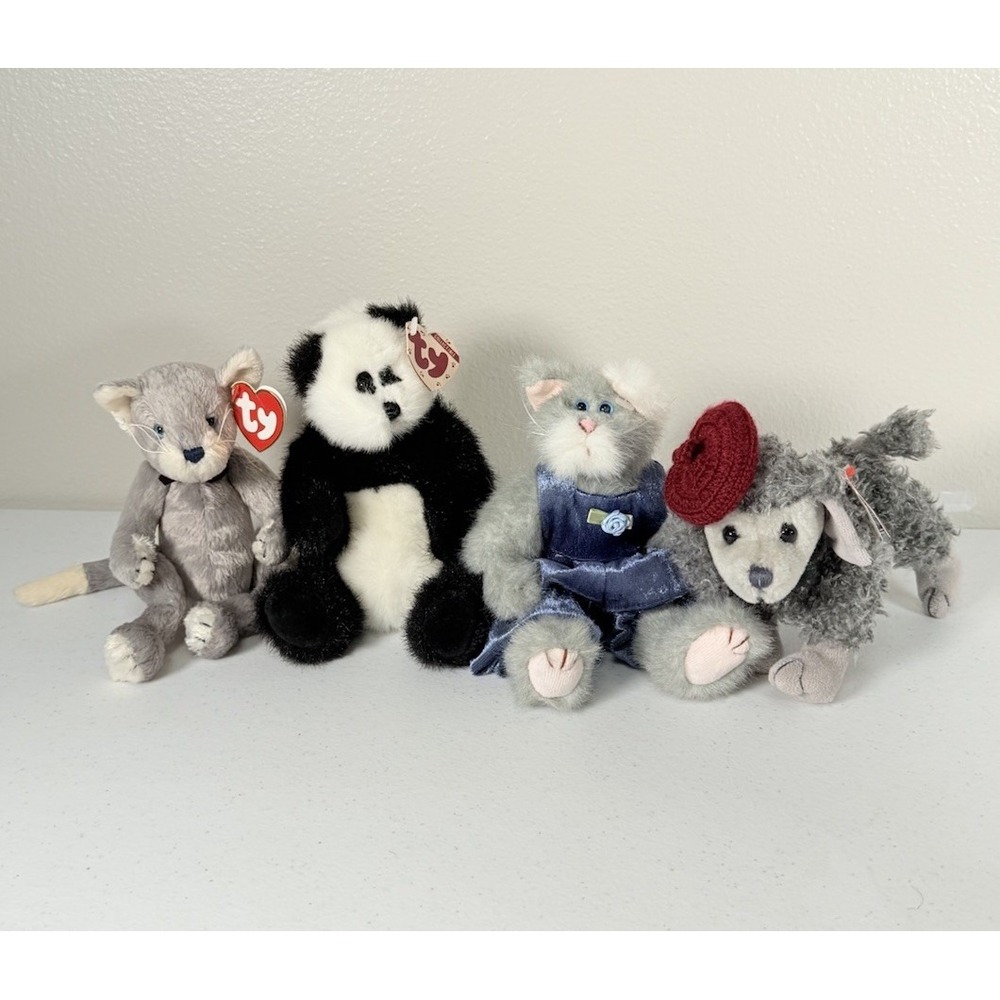 Four TY Attic Treasures Plush Lot Cheri Poodle Checkers Panda Fairchild Cat Vtg